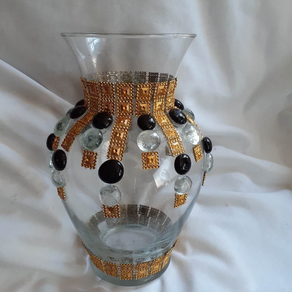 Custom Vase Trimmed with Gold & Black Glass Stones